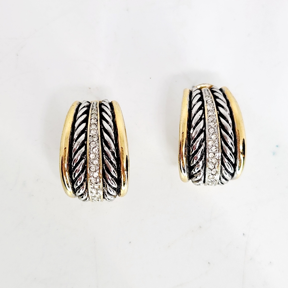 Vintage Gold Silver Tone Heavy Cable Clear CZ Huggie Hoop Post Earrings Estate